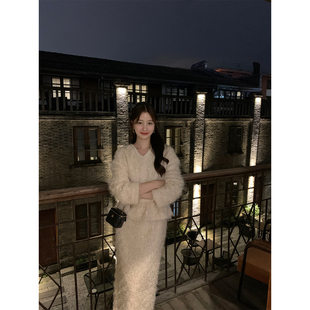 冬 流苏毛纱收腰针织上衣直筒半身裙套装 JeJuna炸鸡欧尼 昆仑煮雪