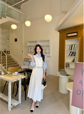 JeJuna炸鸡欧尼 漫步首尔 气质V领马甲背心长款开叉半裙韩系套装