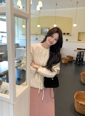 JeJuna炸鸡欧尼 松子奶白 60毛针织麻花开衫毛呢半裙温柔气质套装