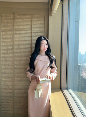 炸鸡欧尼JeJuna 粉红回忆 韩系温柔感粉色连衣裙修身收腰显瘦长裙