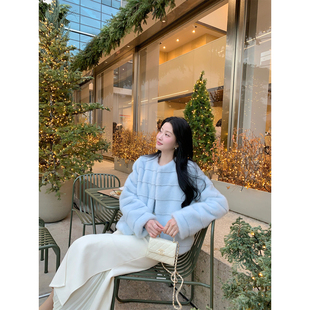 炸鸡欧尼JeJuna 冬日特调 贵气蔚蓝新年战服环保皮草冬季保暖外套