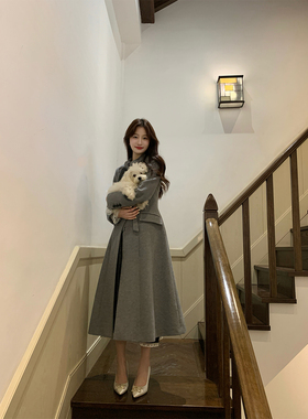 JeJuna炸鸡欧尼 庐山云雾 秀智同款70羊毛伞裙单面大衣女灰色外套