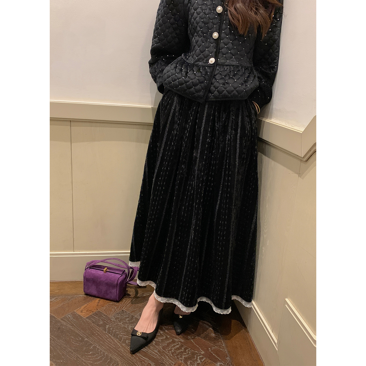 JeJuna式复古垂顺花边长裙伞裙