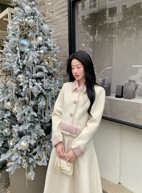 炸鸡欧尼JeJuna 香草甜巧 20羊毛温柔法式粉白拼色蝴蝶结毛呢套装