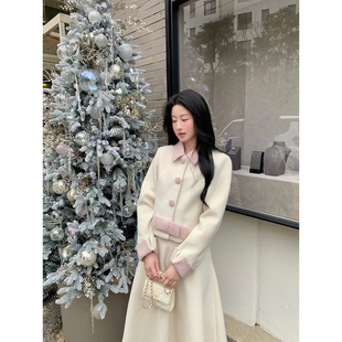 炸鸡欧尼JeJuna 香草甜巧 20羊毛温柔法式粉白拼色蝴蝶结毛呢套装