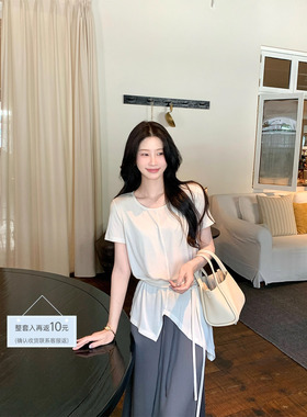 炸鸡欧尼JeJuna 蓝奶盛夏 93莱赛尔2色莫代尔凉爽系带T恤灰色半裙