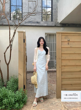 JeJuna炸鸡欧尼 海盐椰椰 纯棉蓝色吹溶刺绣吊带裙蕾丝拼接防晒衫