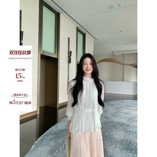 JeJuna炸鸡欧尼 韩国恋综女主 两色纯欲堆堆领飘带雪纺上衣半裙