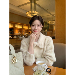 秋冬羊毛叠领毛衣宽边系带韩系上衣女 松弛绒绒 炸鸡欧尼 JeJuna