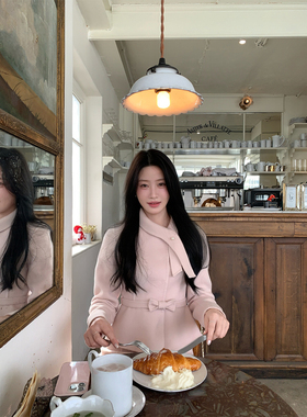 炸鸡欧尼JeJuna 粉雾情书 100羊毛婴儿粉法式蝴蝶结外套毛呢套装