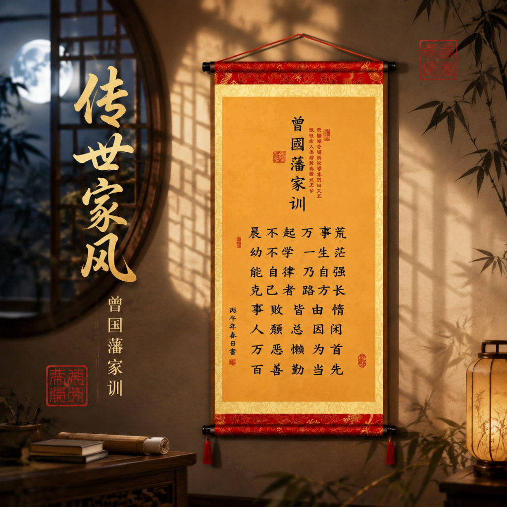 曾国藩家训宋锦卷轴挂画家庭教育现代装饰画
