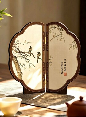 宋代美学茶桌禅意摆件高级感花鸟桌面小屏风新中式客厅装饰画礼品