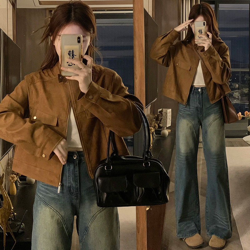 美拉德麂皮皮夹克2024年秋季女韩版新款复古上衣立领鹿皮绒短外套