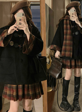 英伦学院风JK制服套装秋冬新款初高中学生毛呢外套百褶裙两件套女