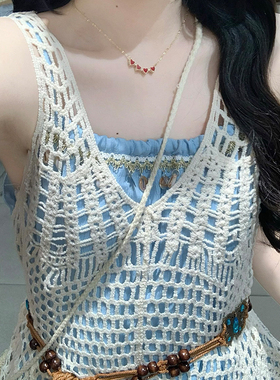 波西米亚蓝色吊带连衣裙女夏设计感镂空流苏两件套绝美度假风长裙