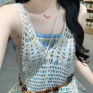 波西米亚蓝色吊带连衣裙女夏设计感镂空流苏两件套绝美度假风长裙