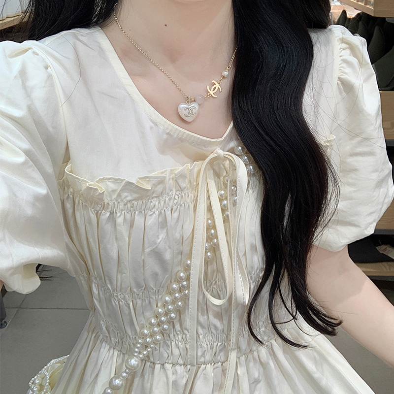 泡泡袖连衣裙少女生夏装2024新款初中高中学生甜美显瘦收腰长裙子