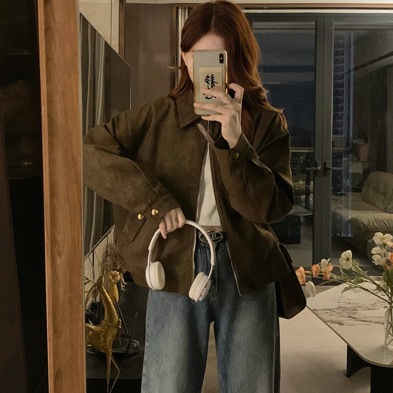 甜酷咖色麂皮绒外套女秋冬新款复古小众短款美拉德上衣夹克小个子
