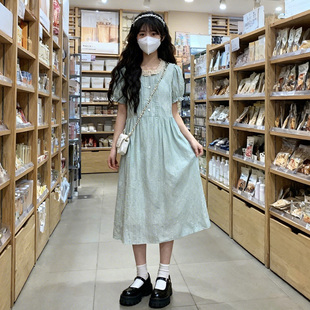 少女甜美花边圆领连衣裙夏新款初高中大学生温柔气质学院风中长裙
