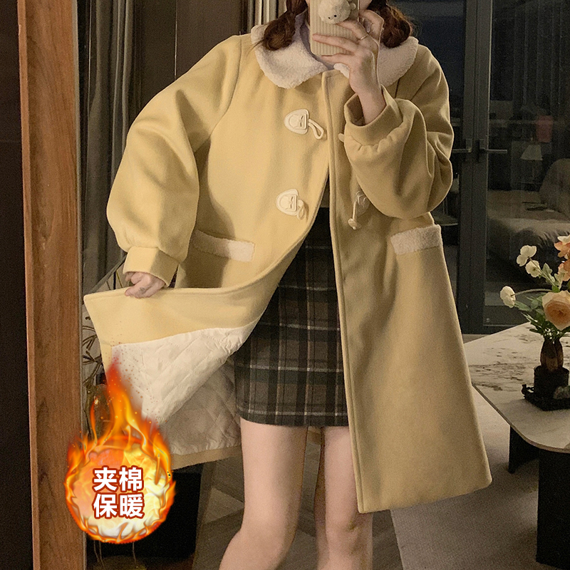 jk制服娃娃领牛角扣毛呢大衣小个子夹棉加厚外套大翻领保暖棉衣潮