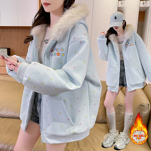 彩色波点加厚棉衣外套女2026冬季新款初高中学生加绒毛领连帽棉服
