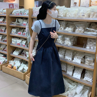 设计感减龄百搭学院风两件套装裙夏季新款圆领T恤上衣吊带连衣裙