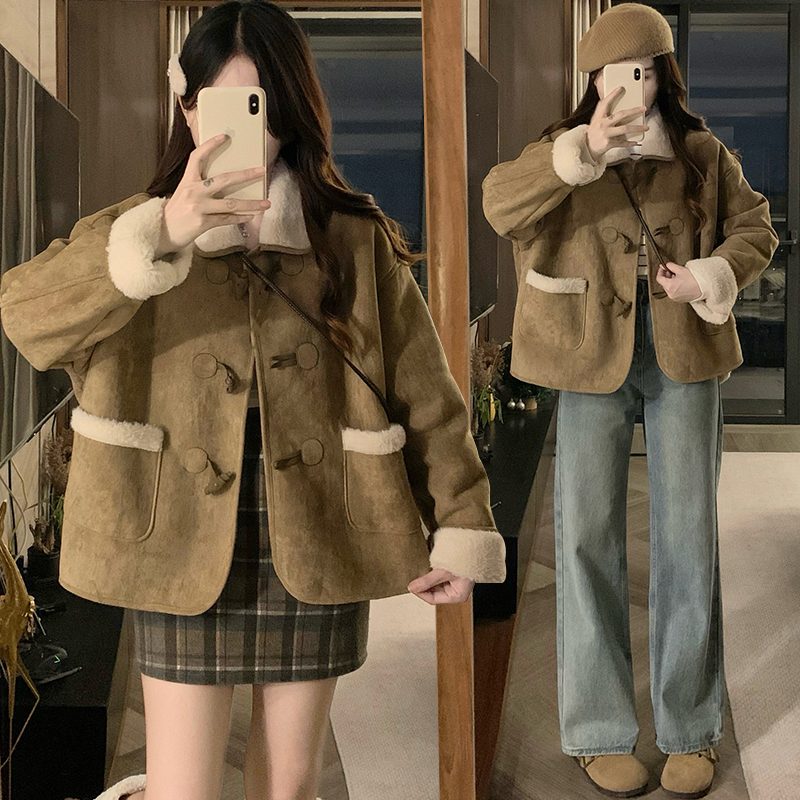 15初中学生13少女孩12岁大童韩系鹿皮绒羊羔毛外套女秋冬加绒加厚