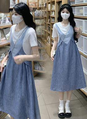少女假两件牛仔连衣裙夏新款初高中大学生潮流时尚设计感中长裙子