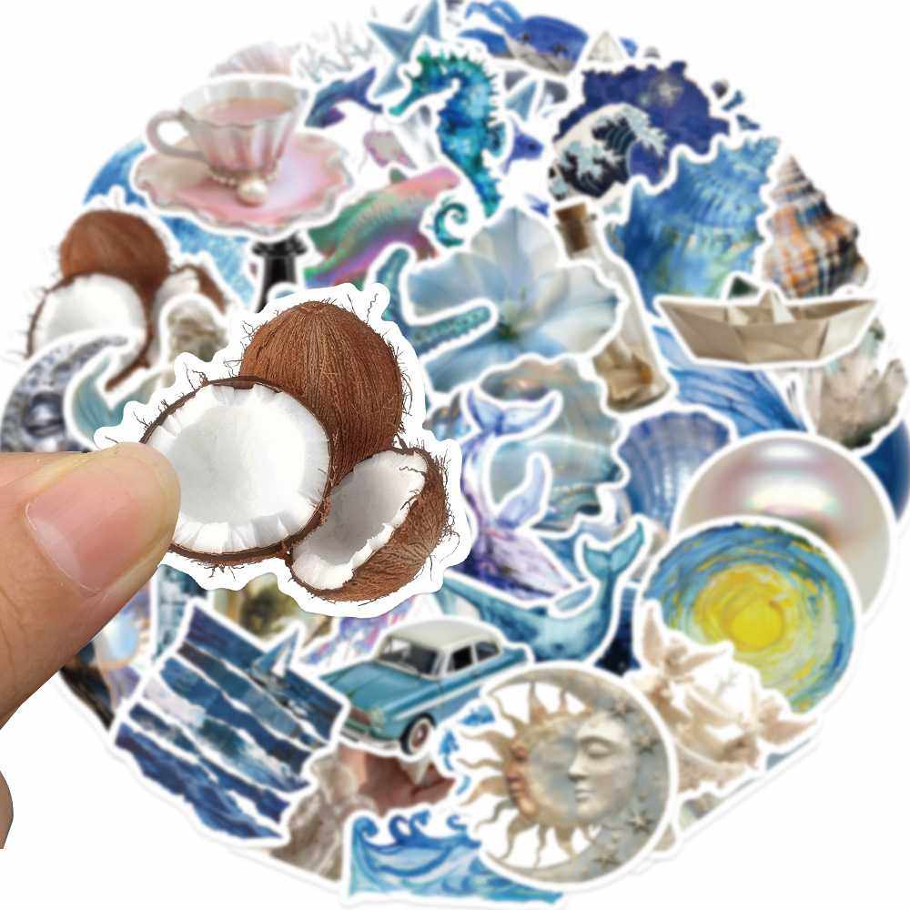 新款直销50张ins风银蓝海洋创意贴纸个性diy旅行箱水杯手机背卡头,3C数码配件,笔记本个性小贴纸,淘宝优惠券,粉丝福利购,淘宝优惠卷