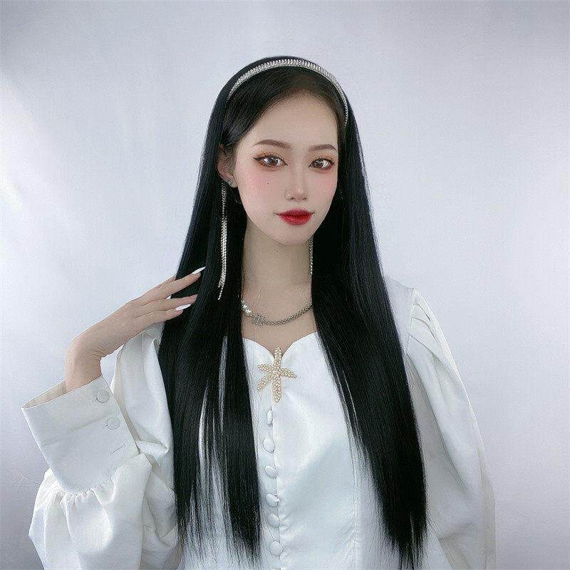 新款直销跨境欧美假发女长直发水钻流苏发箍假发一体式U型半头套
