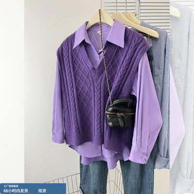 紫色v领叠穿毛衣针织马甲背心2025秋冬巨好看的衬衫两件套上衣女