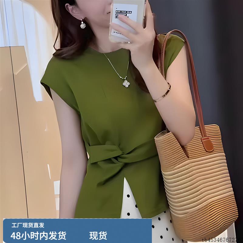 2025夏季新款韩版时尚百搭宽松休闲小衫女款显瘦扭结开叉下摆衬衫
