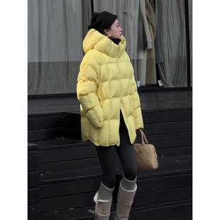 云朵泡芙格子黄色短款羽绒服女2025冬季新款白鸭绒连帽面包服外套