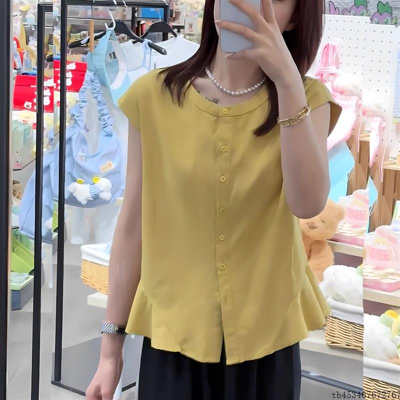 2025夏季新款时尚高级黄色荷叶边小飞袖衬衫女设计感小众小衫上衣