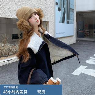 复古羊羔毛撞色翻领披肩牛仔羽绒服女2025冬时尚百搭宽松保暖外套