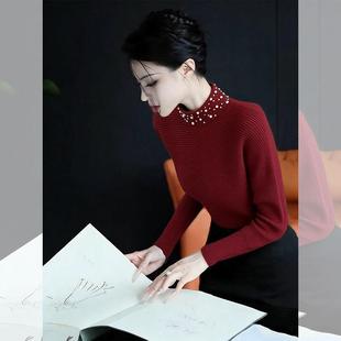 温柔风红色高领重工钉珠针织衫长袖女2025秋冬新款气质时髦上衣服