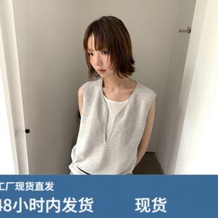 韩系灰色假两件针织吊带背心外穿独特漂亮休闲无袖坎肩上衣女夏季