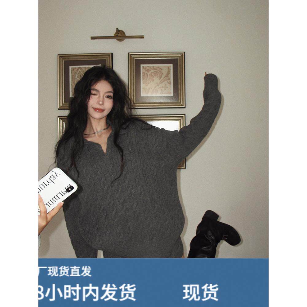 韩版套装纯色宽松麻花翻领长袖毛衣女冬季新款时尚阔腿短裤两件套