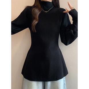 黑色中领灯笼袖毛衣针织衫女2025新款冬大码胖mm中长款打底衫上衣