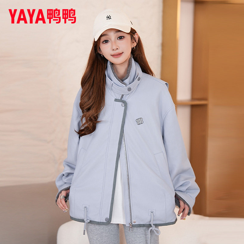 YAYA鸭鸭品牌羽绒服女短款2026年冬季拼接立领保暖休闲鸭绒外套潮