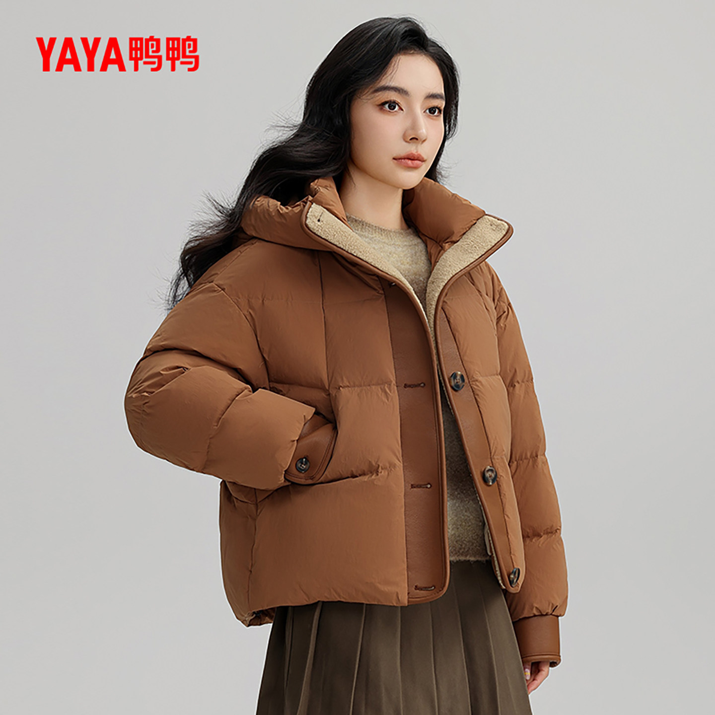 鸭鸭小香风羽绒服女士2025冬季新品短款连帽保暖加厚90鸭绒外套Y