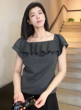 哥家官网女装2026夏新款正品时尚优雅一字肩荷叶边短袖T恤130057