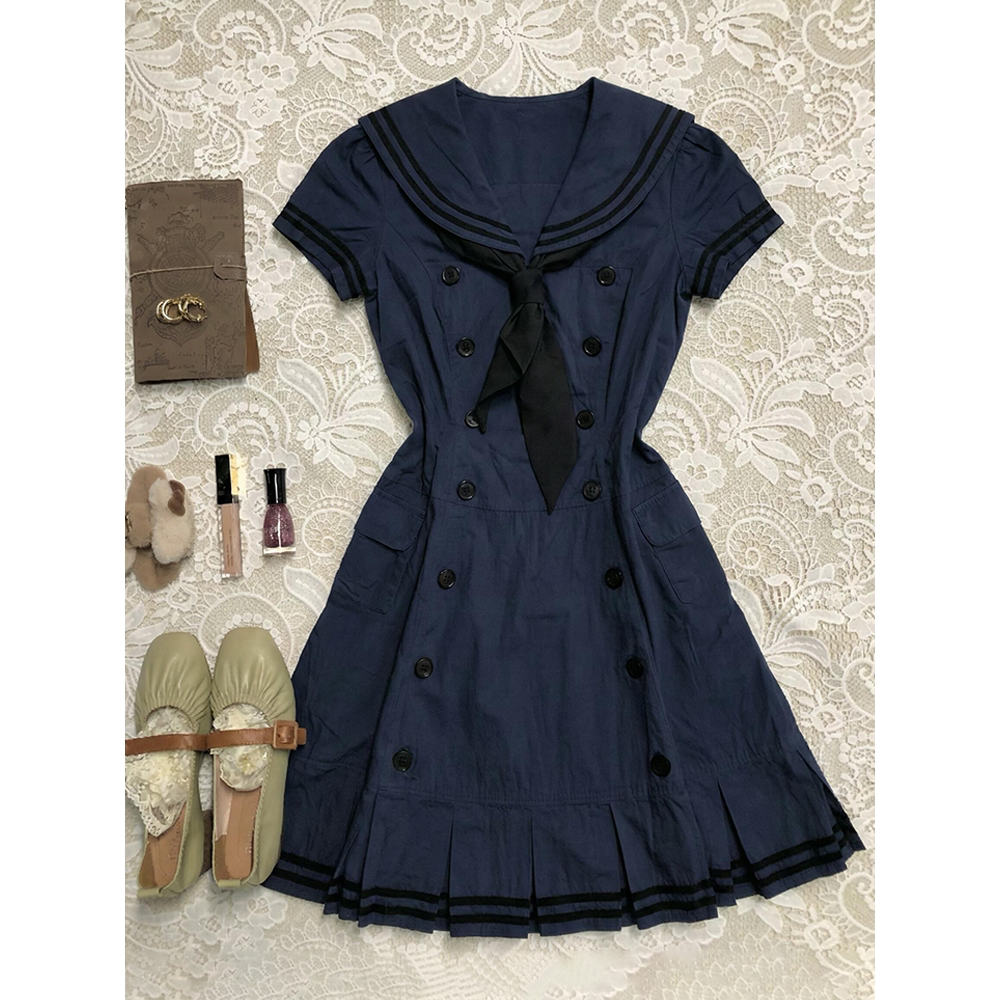 海风浪屿 日系水手服藏青色减龄海军领显瘦短袖连衣裙女春季新款