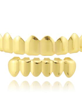 欧美HIPHOP grillz上8颗下6颗电镀真金嘻哈牙套18K金跨境热销