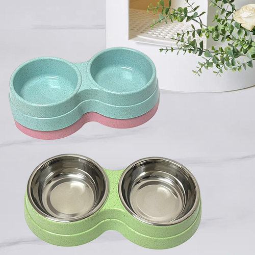 优选狗碗猫咪双碗小麦秸秆耐咬耐脏宠物双碗不锈钢喂食器猫咪喝水