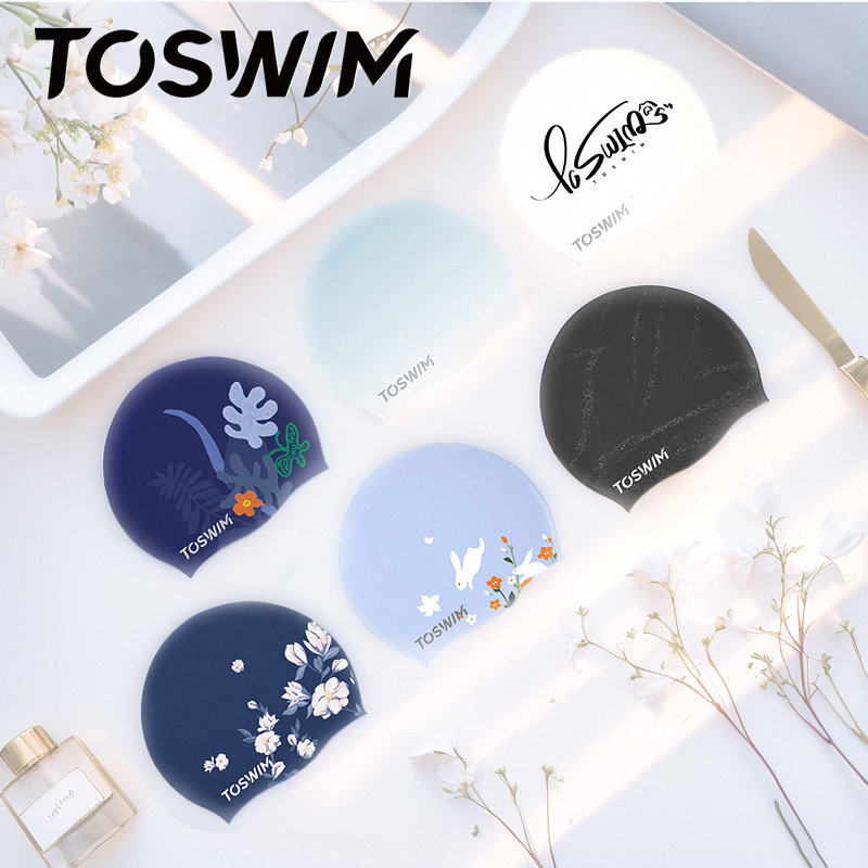 TOSWIM游泳帽女防水不勒头长发加大头围时尚印花色硅胶款帽子女士