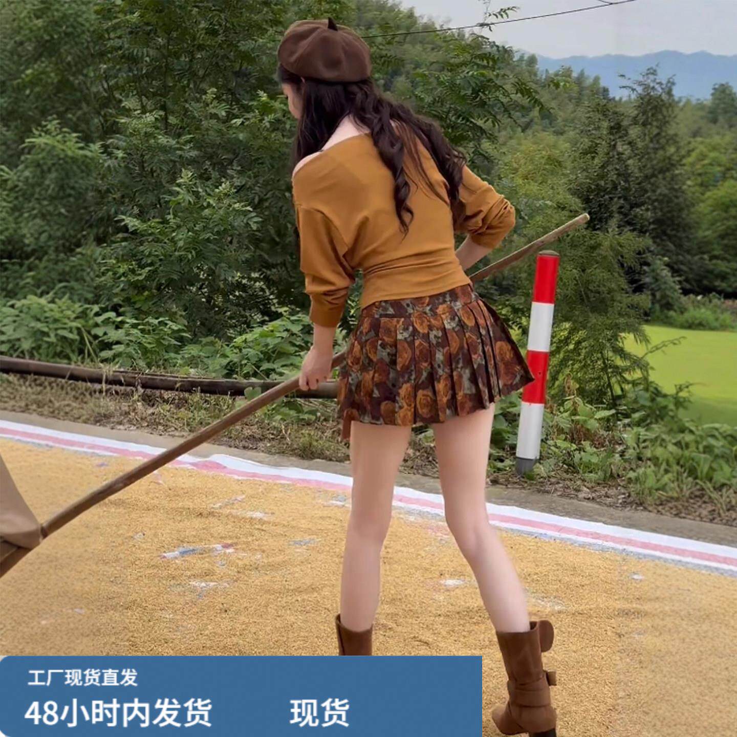 咖色印花短裙百褶裙a字半身裙女秋冬小个子高腰裙裤覆古气质半裙