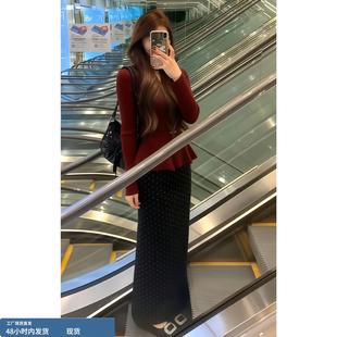 韩系一整套ootd穿搭巨好看复古红色上衣半裙大方得体两件套装26春