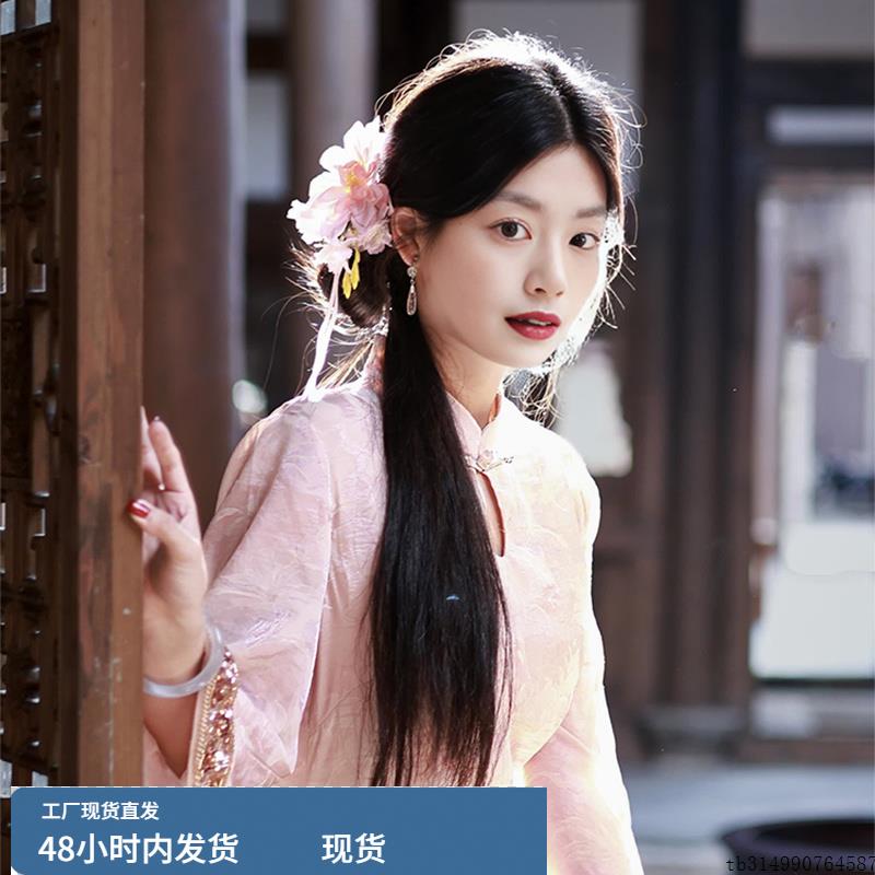 甜月香新中式独特绝美改良粉色长袖旗袍连衣裙女2025秋季气质长裙