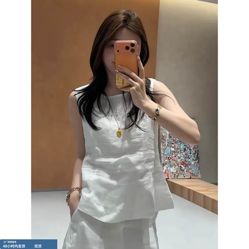 极简老钱风无袖衬衫女2026新款圆领收腰遮肚子显瘦裙摆减龄上衣潮